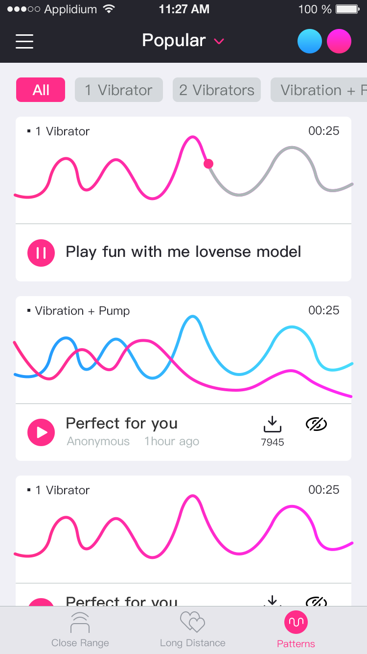 Captura de ecran a aplicației Lovense Remote create unlimited patterns.